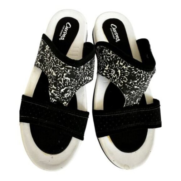 Curves for Women‎ Black & White Fabric Cushion Open Toe Sandals Size 8 - Picture 1 of 13